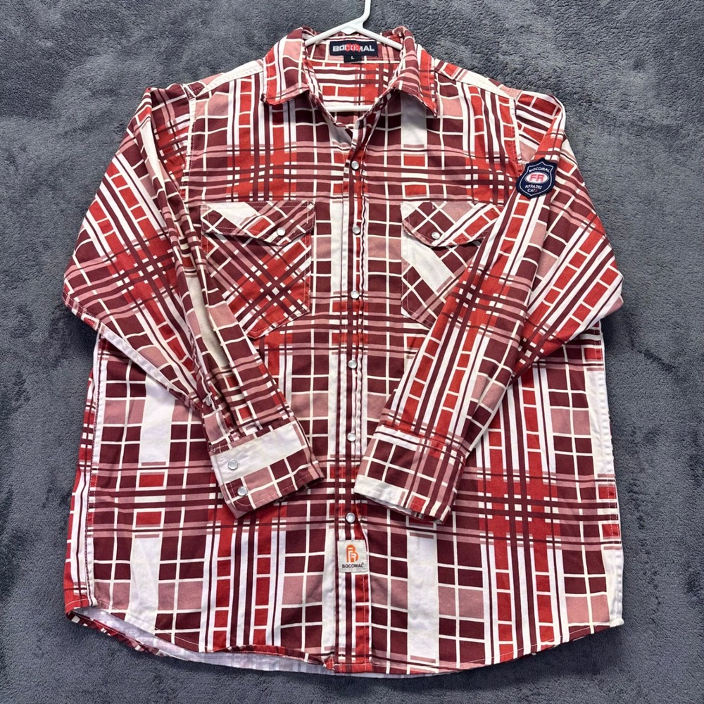 Bocomal FR Shirt Mens Large Red Plaid Flame Resistant Workwear NFPA 2112 CAT 2